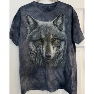 VTG The Mountain Wolf Graphic T-Shirt Blue Gray Tie Dye Men's Large 90s Y2K